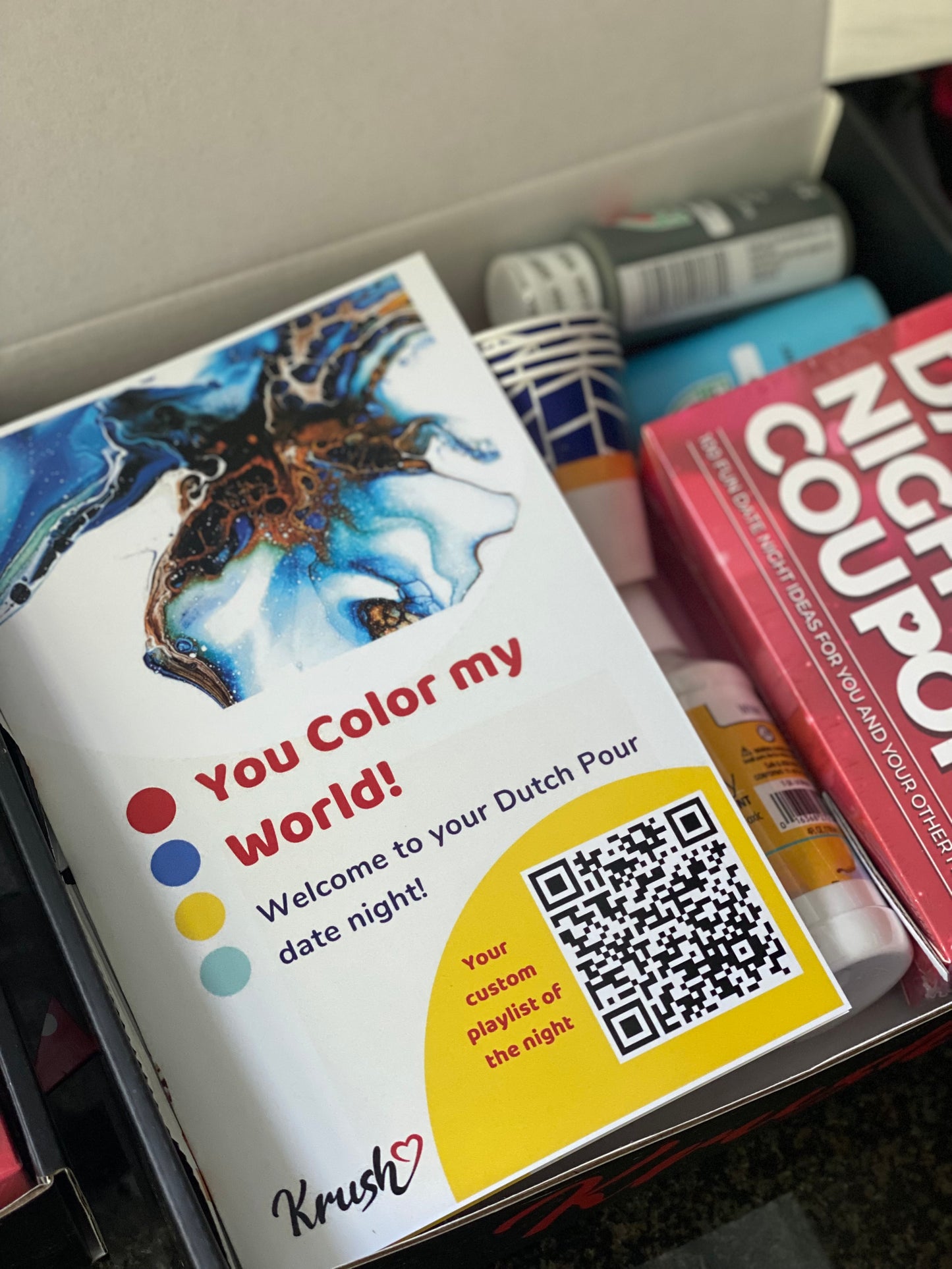 Art date night box, dutch pour kit, date night coupons, date night box