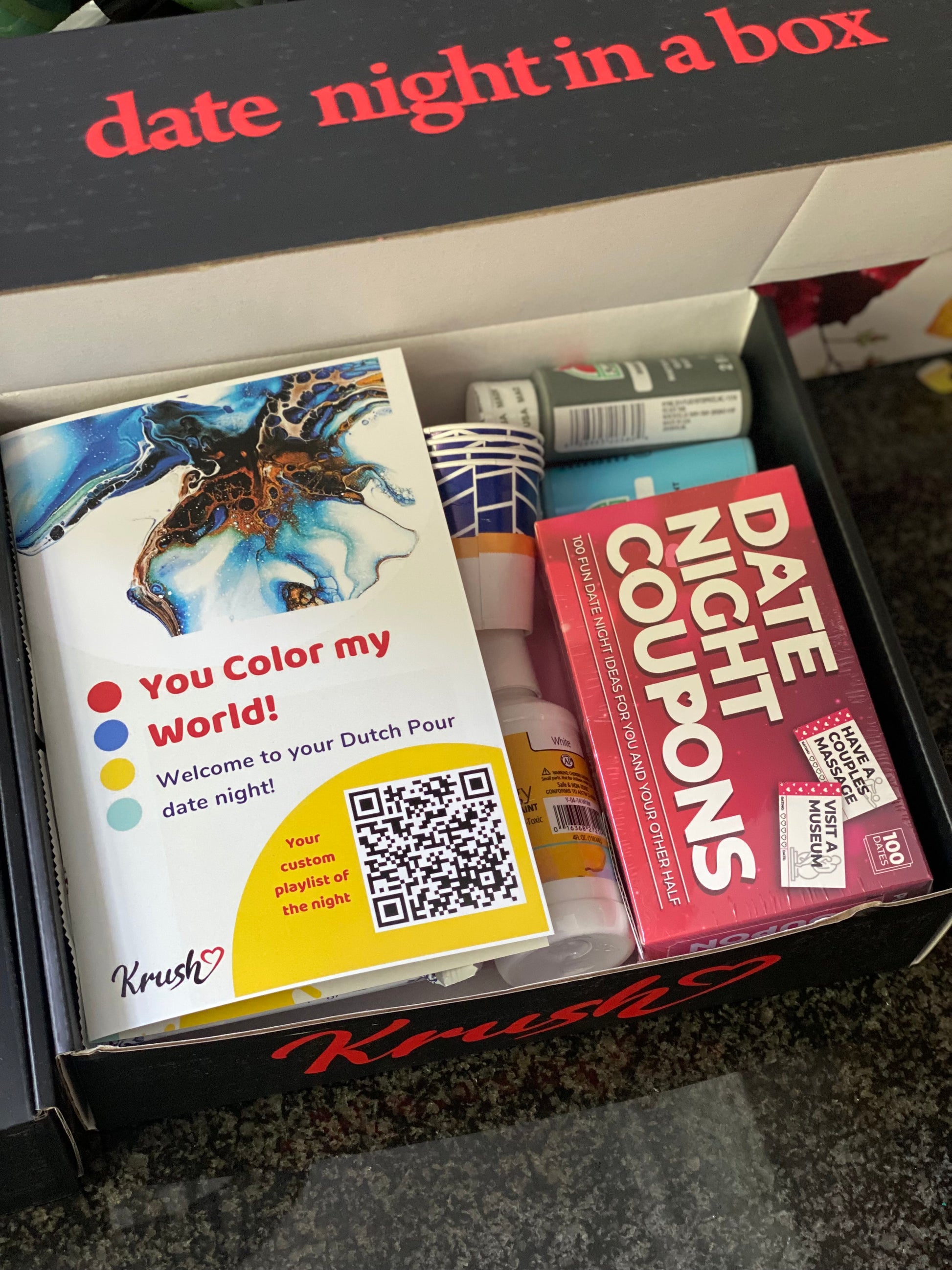 Art date night box, dutch pour kit, date night coupons, date night box